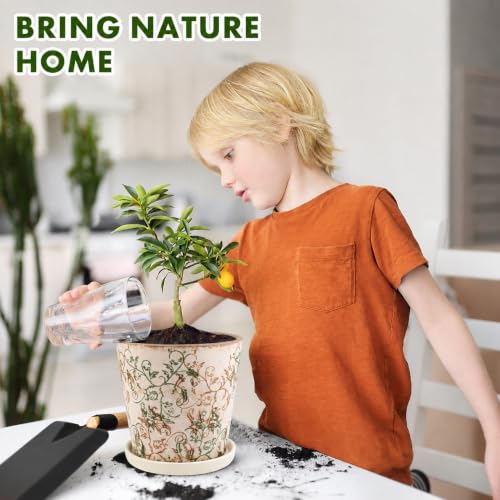 Ceramic Flower Pots for Indoor Plant with Drainage Hole & Saucer - color: Green Brown Vine