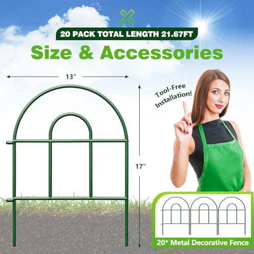 Decorative Garden Fence 21.67ft x 17in - 20 Pack Rustproof Metal No Dig Fence Animal Barrier, Arched Bed Edging Classic Style Wire Border Panel Fencing for Yard Patio Outdoor Decor, Green - color: Green, size: 20pc 21.67 ft(L) x 17 in(H)