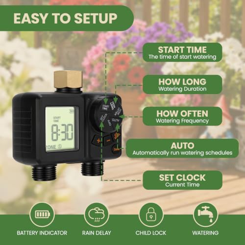 Sprinkler Timer 2 Zone, IPX6 Water Timer, USB-C Rechargeable,
