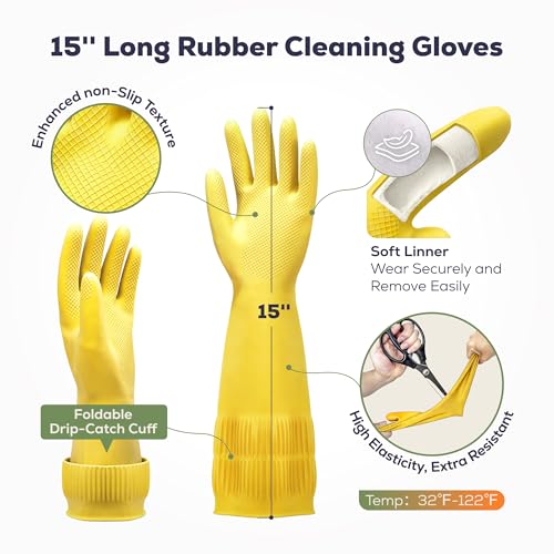 FMP Brands 3/6/12/60 Pairs 15 Inch Extra Long Rubber Dishwashing Gloves - Non-Slip for Cleaning, Kitchen, Bathroom, Gardening - color: Yellow, size: Small (Pack of 3)