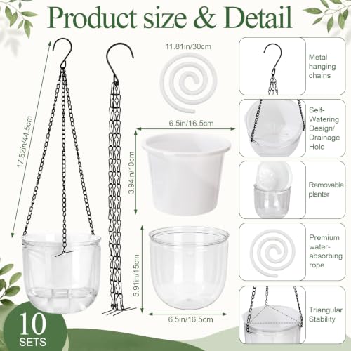 10 Pack Self Watering Hanging Flower Planters Bulk, 6.5 Inch Clear Plastic Pots with Metal Hanging Chain and Hook, Drainage Holes for Indoor Outdoor Plants Orchid Pothos Garden Home Decor