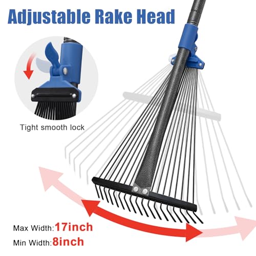 Adjustable Metal Leaf Rake Long Handle, 60 inch Garden Rakes for Lawns Heavy Duty Leaves with Expandable Head 8-17", Yard Women Kids Rake for Gardening RV Camping - style: 5 FT