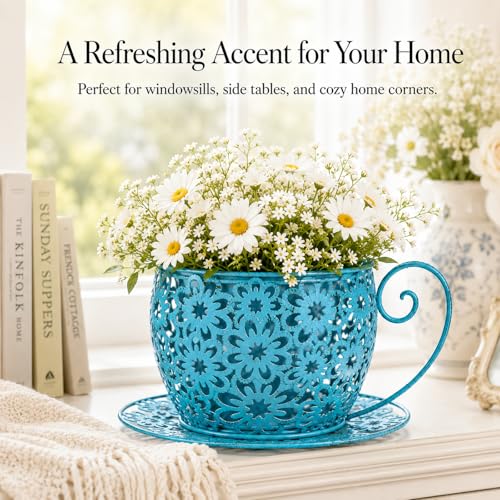 Iron Teacup Planter, Vintage Coffee Cup Flower Pot with Floral Cutout Design, Suitable for Indoor Outdoor Decoration, Ideal for Succulents Flowers, Balcony Garden Decor (Blue) - color: Blue