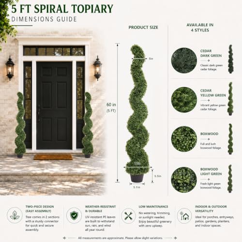 THE BLOOM TIMES 5ft Tall Spiral Topiary Trees Artificial Outdoor Set of 2 - color: Boxwood, size: 5ft