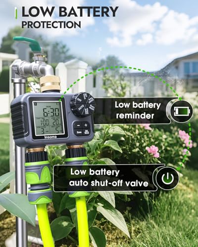 Insoma 2-Zone Sprinkler Timer with Brass Inlet & Outlet, Water Timer for Garden Hose with Auto/Manual/Rain Delay Mode, Big LCD Display, Easy Setup Hose Timers for Lawn, Garden, Vacation Watering - size: 2 Zone-V2.0-Brass