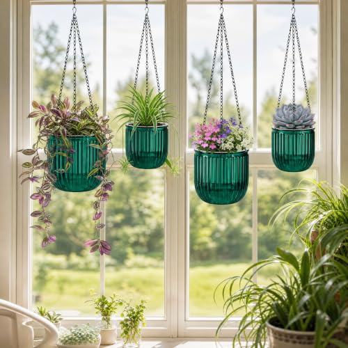 Pumtus 4 Pack Self Watering Hanging Planters, 6.5'' & 4.5'' Plastic Indoor Outdoor Flower Pot, Round Basket with Drainage Hole & Detachable Chain, Succulent Plant Container for Patio Garden Home Decor