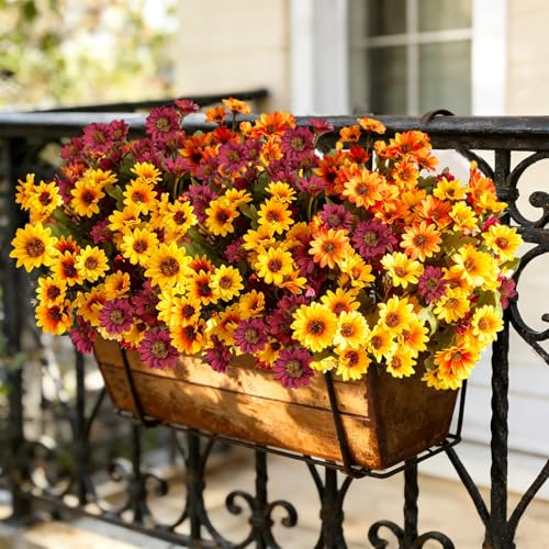 12Pcs Fake Flowers Artificial Mums for Outdoors,UV Resistant Faux Mums for Outdoor Planters Realistic Daisy No Fade Fall Flowers for Front Door Garden Patio Yard Autumn Decor - color: Mixed Daizy, size: 12Pcs