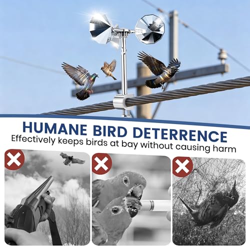 2 Pack Reflective Spinning Bird Deterrents with Adjustable Clamp-On Bases