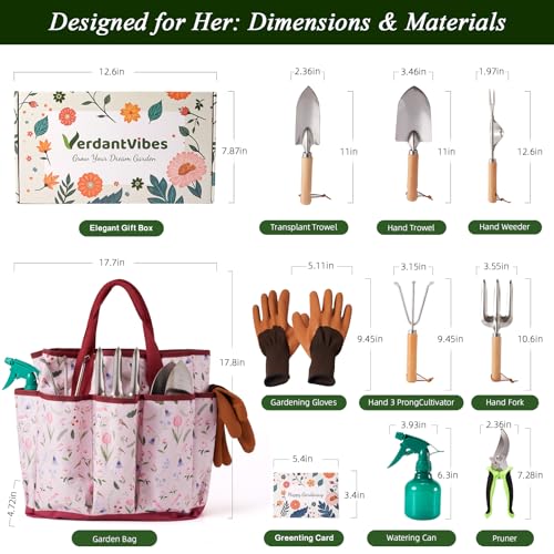 VerdantVibes Gardening Tools Set - 10 Piece Stainless Steel Garden Tools with Wood Handle, Pruners & Romantic Pink Floral Tote Bag - Cute Heavy Duty Gardening Gifts for Women Mom Wife - color: Pink