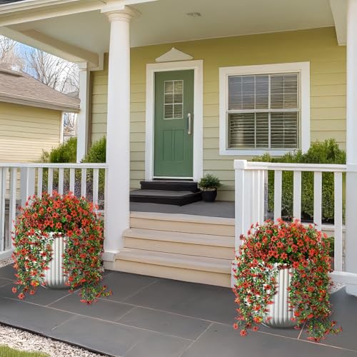 ZFProcess Artificial Hanging Flowers for Outdoors, 2 Pcs Fake Hanging Plant Spring Summer Decor, UV Resistant No Fade Realistic Faux Flower for Front Door Porch Planter Patio Garden Yard(Red Brown) - color: Red Brown B