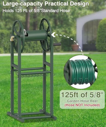 Freestanding Garden Hose Reel holds 125ft Hose of 5/8" with 4 Hooks, 4-Spike Outdoor Hose Holder with 3.9ft Leader Hose & Brass Fitting, Detachable Metal Hose Stand with Storage Rack, Green - color: Green