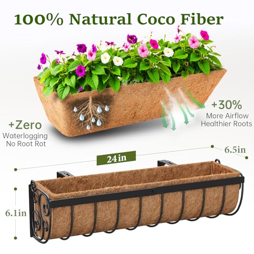 VOXOR Railing Planter Boxes, 24 Inch Window Boxes Planters, Balcony Planters with Adjustable Brackets & Coco Liner for Outdoor Fence, Deck, Porch, and Patio Gardening, 3 Pack - size: 24 Inch