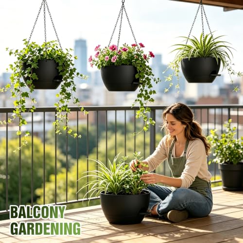 10 Inch Self-Watering Hanging Planters Set of 3 with Saucers - color: Black, size: 10 Inch 3 Pack