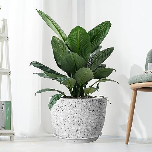 UOUZ 12inch Large Plant Pot, Modern Plastic Planter with High Driange Holes and Saucer for Indoor Outdoor Garden Plants and Flowers, White Speckles - color: White Speckles
