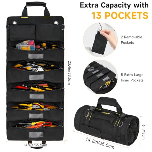 Tool Bag,Large Roll Up Tool Bag Organizer,13 Pockets Tool Roll Storage Pouch,Heavy Duty Portable Tool Storage Carrier Bag for Men,Mechanic,Electrician,Valentines Day Gifts for Men,Black - color: Black