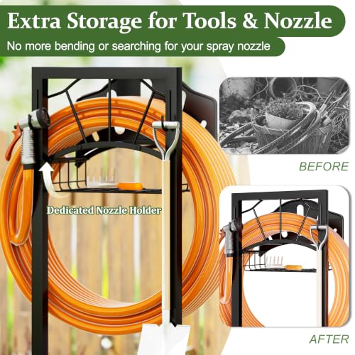Heavy Duty Garden Hose Holder, Metal Water Hose Reel with Storage Basket & Hooks for Outside