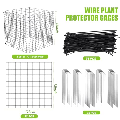 Zubebe 8 Pack Small Wire Plant Protectors Square Plant Protectors from Animals Mesh Cage Chicken Wire Cloche for Shrubs and Vegetables with Ground Stakes and Nylon Ties (12 x 12 Inch)