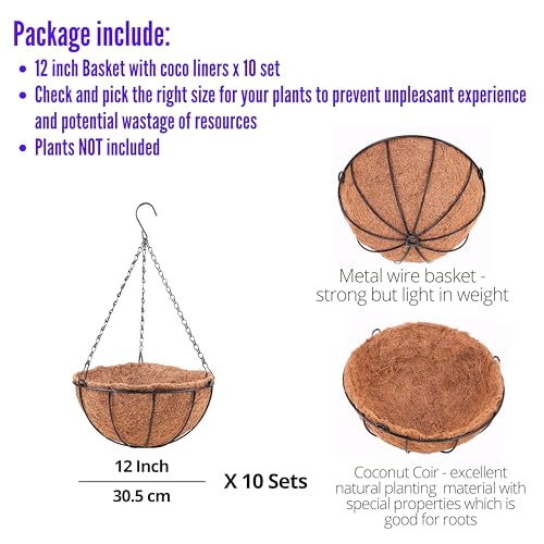 LaLaGreen Round Hanging Baskets (12 in, 10 Pack) Black Coco Liner Planters - size: 12" x 10 Pack