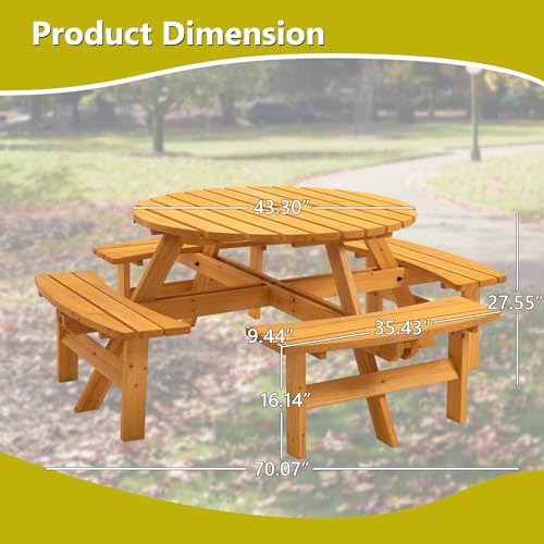 Outdoor Wooden Picnic Table with 4 Built-in Benches and Umbrella Hole for 8 Person,Outside Table and Bench Set Round Picnic Table for Garden, Backyard, Porch,Patio(Natural - size: 8Person-Round-Y