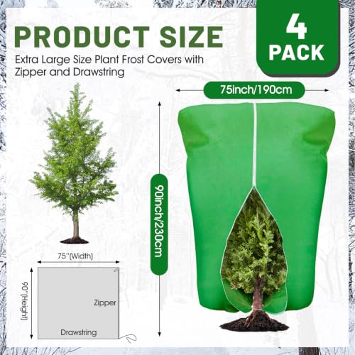 4 Pcs Plant Covers Frost Protection Bag 90"X75" Winter Reusable Plants Jacket with Zipper Drawstring Large Plant Protection Wraps Bags Frost Blanket for Winter Outdoor Garden Plants - color: Green, size: 90 x 75 Inch(4 Pcs)