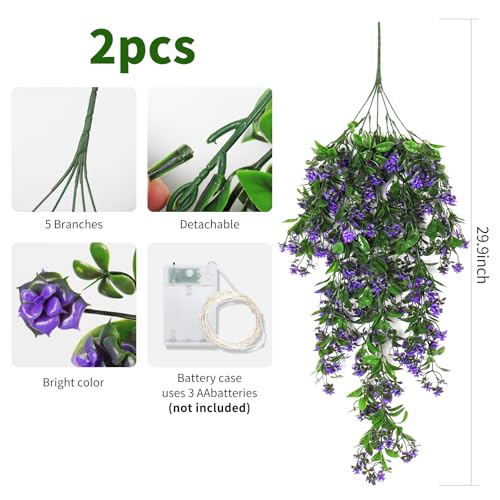 RECUTMS Artificial Hanging Flowers with 30 LED Fairy String Lights 2Pcs - color: Lights Purple-rose