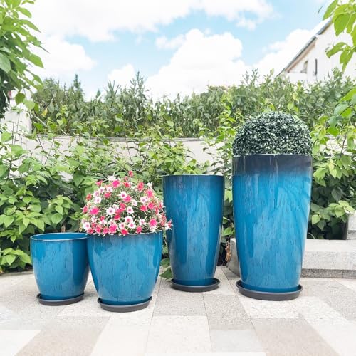 ZMTECH 24/21/12/10" H Large Plastic Planters with Drainage Hole & Saucer, Set of 4 Tall Plant Pots for Indoor/Outdoor Use, Gradient Blue Glossy Smooth Flower Pot for Front Porch Patio Garden - color: Blue-24''x4, size: 24+21+12+10 Inch