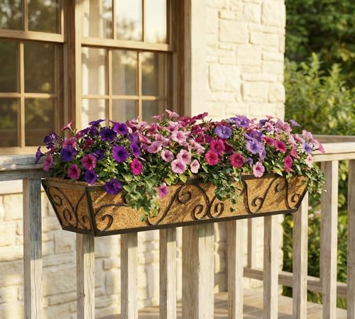 Y&M 30 Inch Window Deck with Coco Liner, Fence Metal Hanging Flower Planter Window Basket Deck Railing Planter Boxes for Outdoor Garden Lawn-Butterfly, 4pcs - size: Butterfly 30in 4p