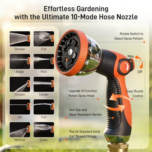 Garden Hose, 50ft 5/8" Heavy Duty Rubber Water Hose w/ 10-Mode Spray Nozzle, 550 PSI Burst, 360° Anti-Kink Swivel Connectors, All-Weather Flexible, Leakproof 3/4" Brass Male to Female Fittings - size: 50ft