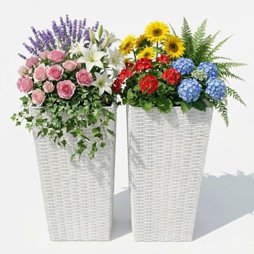 30in Front Porch Planters Outdoor Set of 2, Large Taper Planters with Drainage Holes&Inner Bucket, Tall Plastic Pots White Rattan Decor Plant Pots for Home,Garden,Patio,Backyard