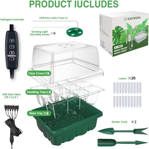 YAUNGEL Seed Starter Tray with Grow Light, 6 Pack Seed Starter Kit with Timing Controller Adjustable Brightness, Thicken Seedling Starter Trays with Humidity Domes Heightened Lids, Gift Box - color: Green, size: 6 Pack