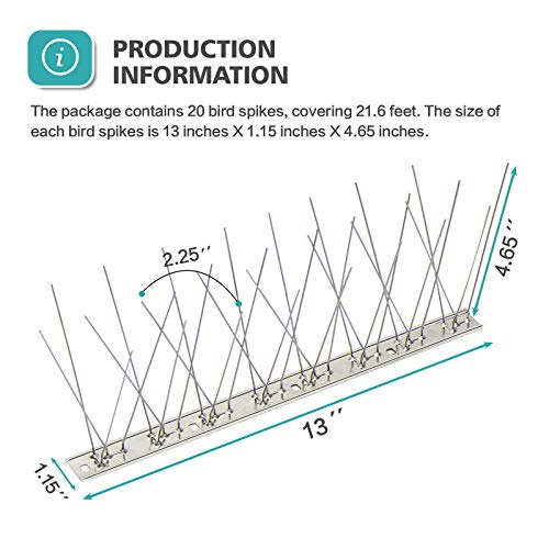 KKY Bird Spikes Stainless Steel Base, Metal Bird Repellent Nail Fence kit, can be Used to Stop Pigeons and Other Small Birds, Covering 21.6 feet 20 Packs - size: 21.6 Feet