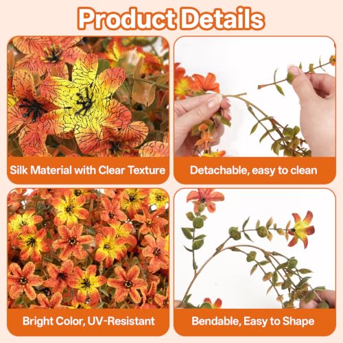 10PCS Artificial Fall Hanging Flowers for Outdoor Realistic hanging Mums - color: Orange-yellow