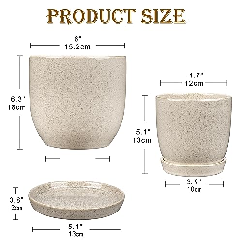 GnFlus Ceramic Plant Pots 6 Inch + 5 Inch Set of 2, Flower Plants Pot with Drainage Holes and Saucers Tray White Planter Garden Pot for Succulent Cactus Home Decoration Gift Indoor Outdoor - color: White#3