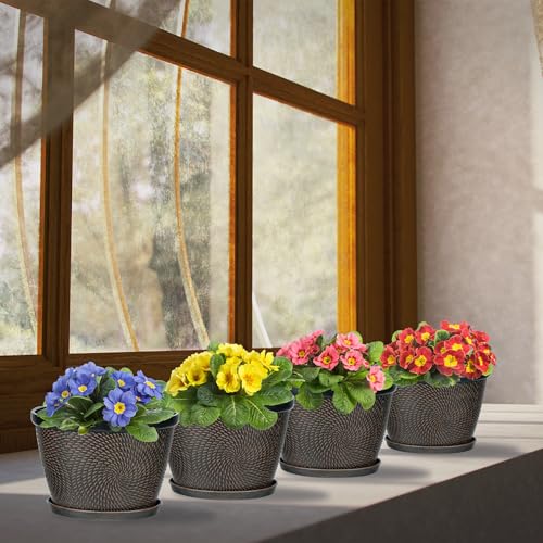 Quarut 4 Pack 6 Inch Flower Pots for Outdoor Indoor, Plastic Plant Pots with Drainage Hole & Saucer, Lightweight Small Flower Pot, Circle Pattern Planters for Garden House planters(Brown) - color: Circular Pattern-brown, size: 6 inch-4 Pack