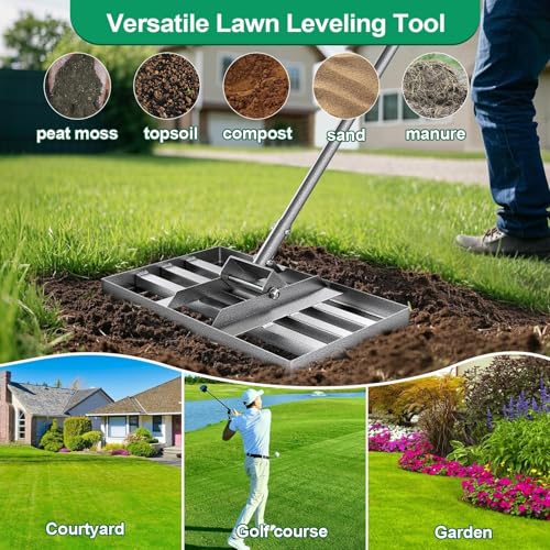 Lawn Leveling Rake, 17" x 10" Heavy Duty Lawn Leveler Tool with 57" Handle, Carbon Steel Ground Leveling Rake for Spreading Soil, Sand, Dirt & Top Dressing, Yard Garden Lawn Tool