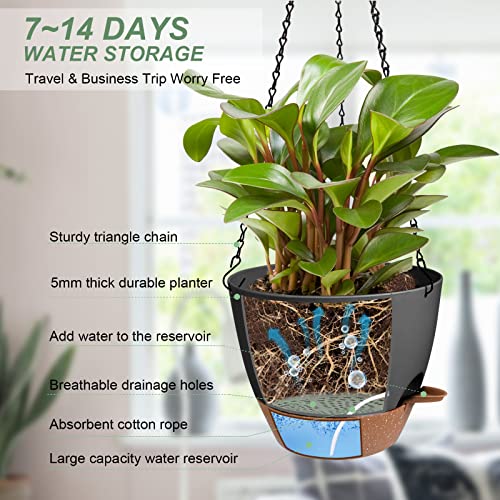 10 Inch Self Watering Hanging Planters for Indoor Outdoor Plants, 2 Pack - color: Black, size: 10''