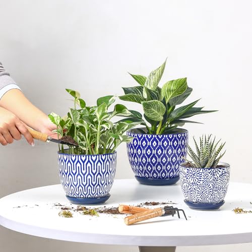 Selamica Ceramic Plant Pots, 4.6+5.6+6.5 Inch Planters with Drainage Holes & Saucer, Flower Pots for Indoor Plants, Home Decor, Set of 3, Vintage Blue - color: Vintage Blue, size: 4.6+5.6+6.5 Inch