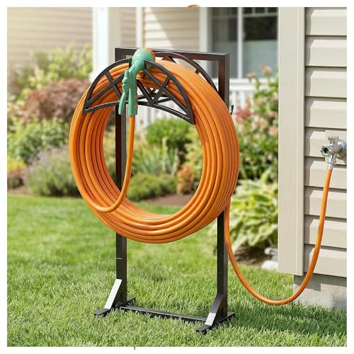 2 Pack Garden Hose Holder, Heavy-Duty Metal Stand with Stable Base & 2 Tool Hooks, Freestanding Storage Rack for Outside, Holds 150ft – Hose Holders for Yard & Lawn - color: Matte Black