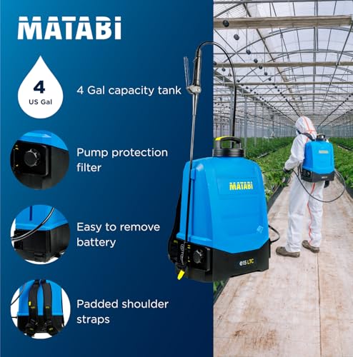 Matabi e15 LTC Battery Powered Pump Sprayer 3,9-Gal - Removable 20V Li-Ion Battery - Up to 100Gal Autonomy - Electronic LTC Control - Ergonomic Straps - Includes 4 Nozzles - Agriculture and Gardening