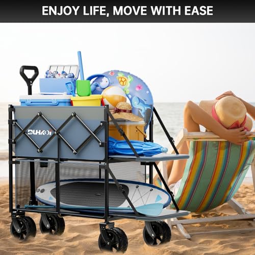 Double Decker Collapsible Wagon with Brakes,Compact with Tailgate - color: Ligjht Blue