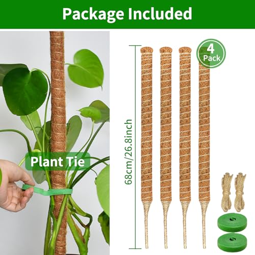 4 Pack 26.8'' Moss Pole for Monstera, Bendable Coco Coir Plant Support Stakes - size: 4 Pack(26.8-Inch)