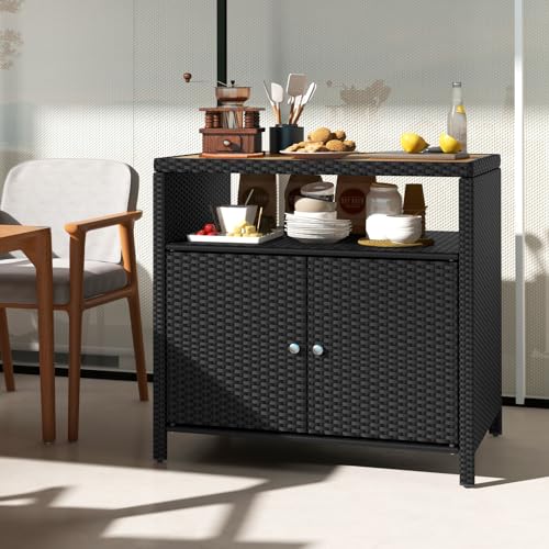 HAPPYGRILL Outdoor Rattan Storage Cabinet, Patio Sideboard Buffet Cabinet with Acacia Wood Countertop, Open Shelf & 2 Door Cabinet, Wicker Storage Organizer for Garden Tools (Black) - color: Black