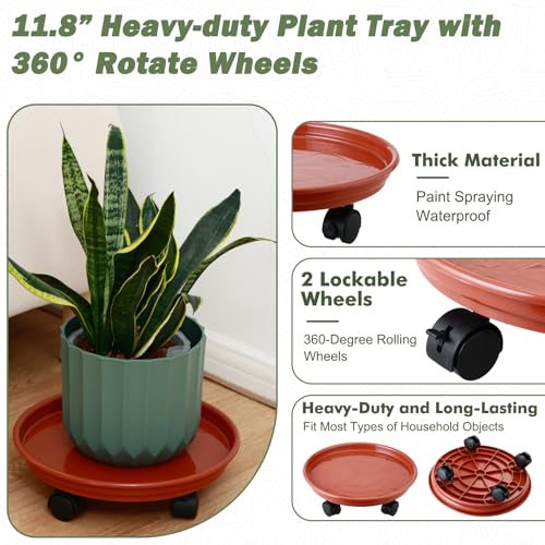 4 Packs Plant Caddy with Wheels 11.8" Plastic Rolling Plant Stands Heavy-duty Plant Dolly with Casters Indoor Outdoor Wheeled Plant Roller Base Large Planter Saucers Plant Mover - color: Rust red, size: 11.8" - 4 packs