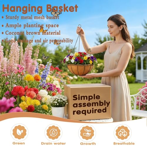 Metal 10 inch Round Planter, 4 Pack Hanging Wire Basket with Coco Fiber Liners, for Outdoor Plants Decoration - size: 10 Inch, style: Watermelon