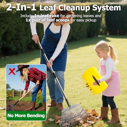 2-in-1 Leaf Rake Set with Leaf Scoops, 25-Tine Garden Rake and Grabber for Leaf Cleanup & Picker Up, Adjustable Long Handle, Wide Metal Head for Garden, Yard, Soil, Weeds, Grass, Camping