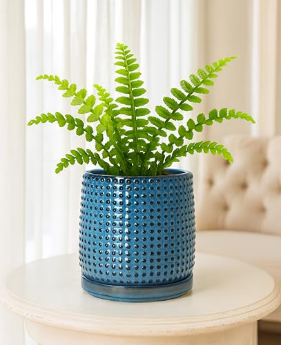 D'vine Dev Beaded Ceramic Pot with Saucer, 6 in, Ocean Teal, 27-C-X-8 - color: Ocean Teal, size: 5.8 Inch