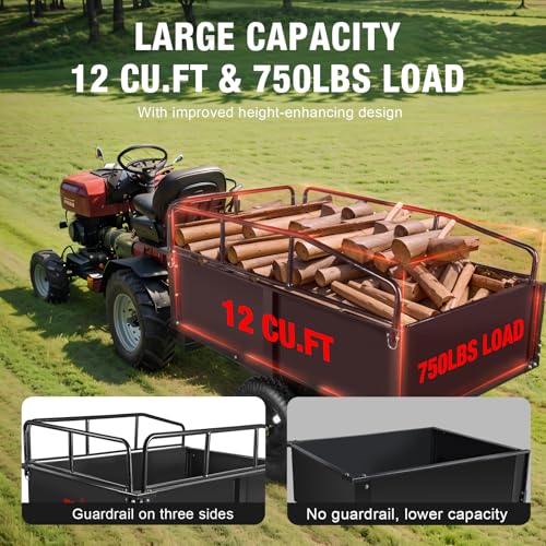 BIG RED ATV/Utility Dump Trailer Tow Behind, 750lb Capacity 12 cu.ft Steel Hauler with Removable Sides & 16" Tires for Lawn Mower, Tractor