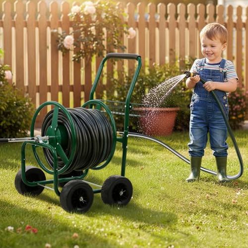 VINGLI 300FT 5/8in Garden Hose Reel Cart, 4-Wheel Portable Residential Hose Reel Cart, Hose Guide System with Storage Basket, Rust Resistant, for Family Yard, Garden and Farm (Green) - color: Green