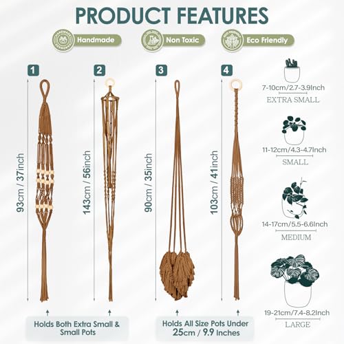 Macrame Plant Hanger Indoor Set of 4, Bohemian Hanging Planter with Tassels - color: Dark Brown