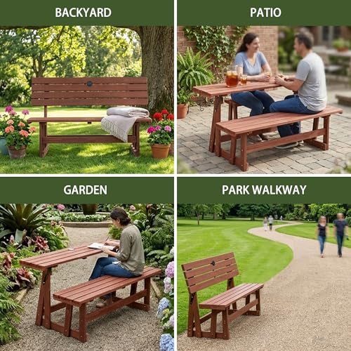 2-IN-1 Convert A Bench Picnic Table Wood Bench to Table With Umbrella Hole - size: 55inch